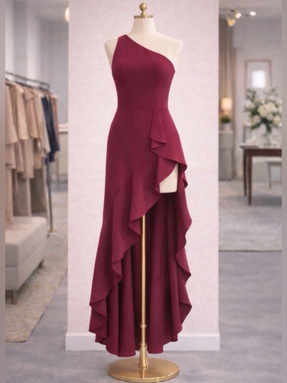 Mac Duggal IEENA 49089 Berry One Shoulder High Low Ruffle Gown Dress 6 NWT
